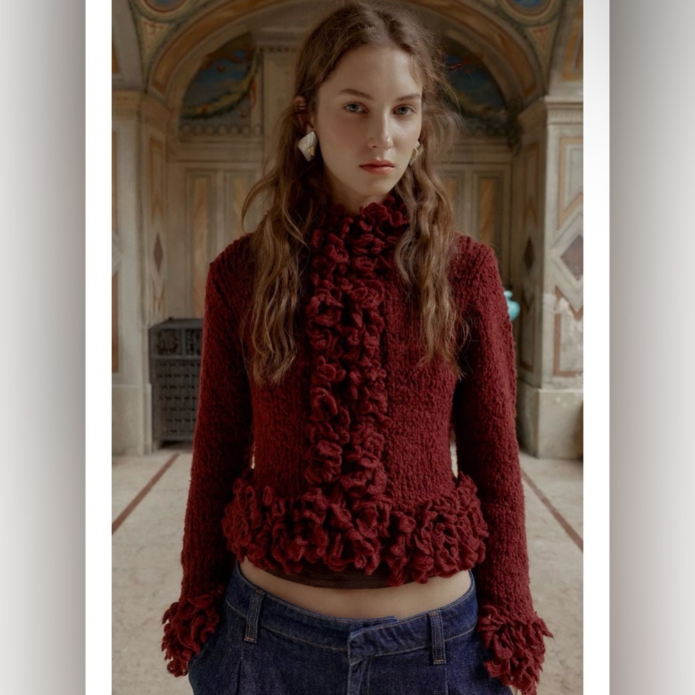 Zara Fringed Knit Cardigan Burgundy